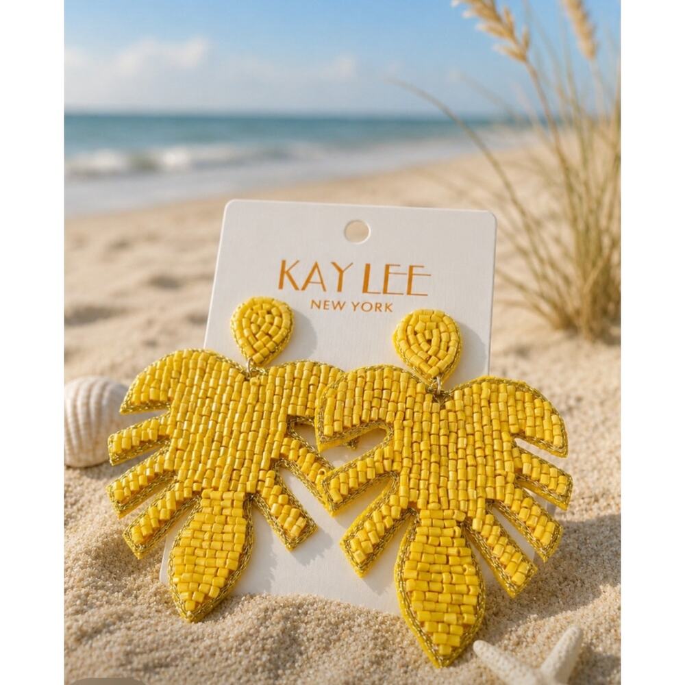 Kay Lee Yellow Beaded Monstera Leaf Earrings New